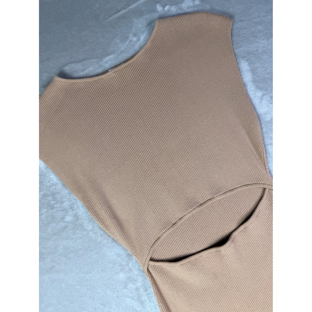 Wilfred Free Knit Cut Out Mini Dress Size Medium Camel‎ Ribbed Cap Sleeve - Picture 6 of 11